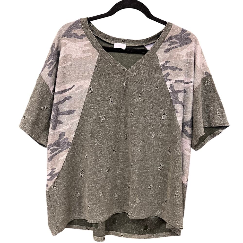 12PM Boutique Olive + Camo Distressed V-Neck Blouse Large
